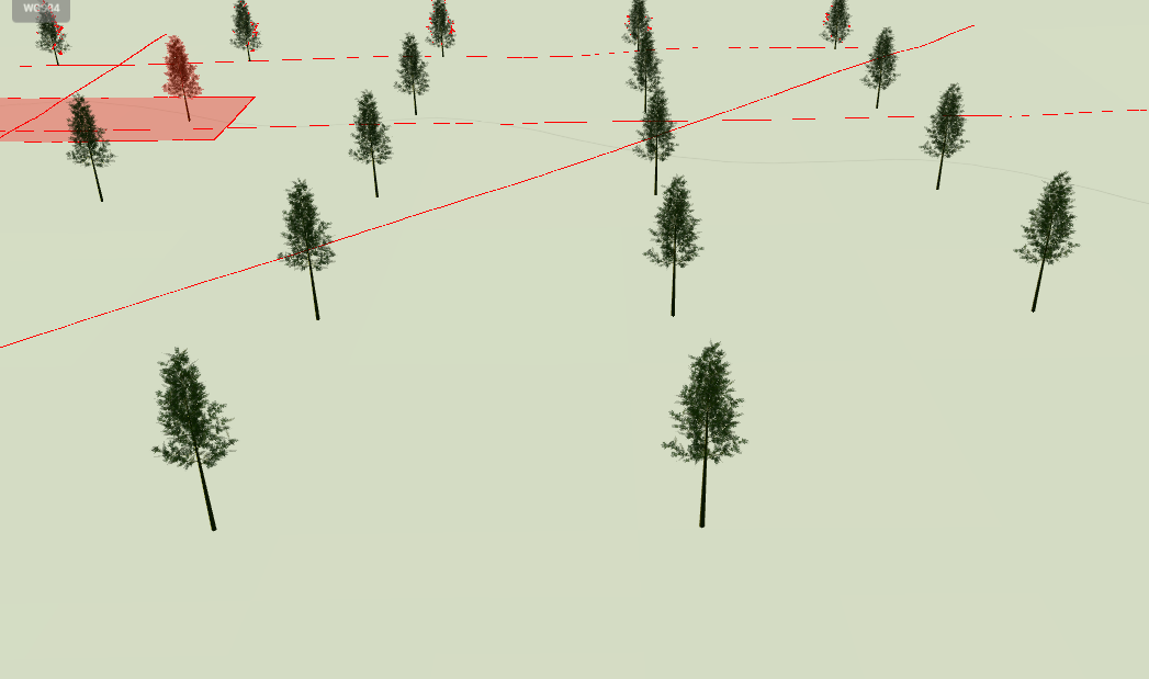 GMS showing a 3D terrain scene with cross-section profile lines drawn through the landscape for elevation analysis
