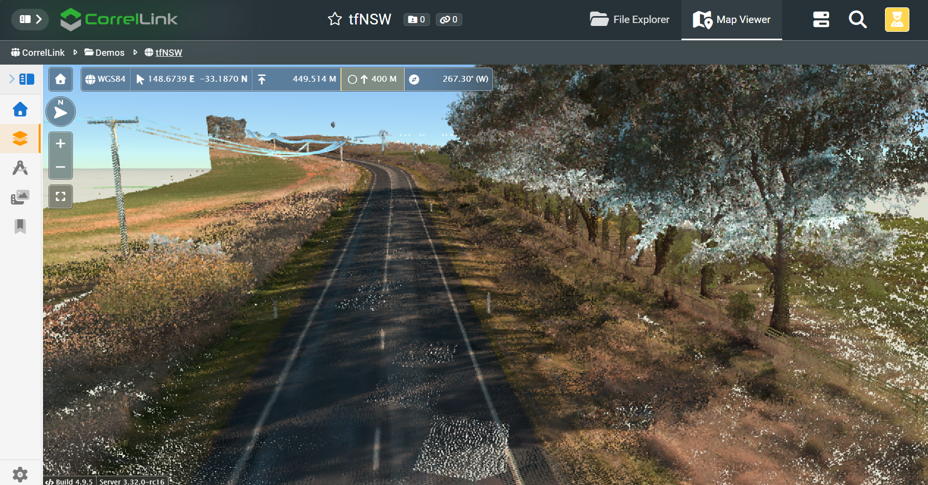 GMS Map Viewer showing an immersive 3D point cloud road scene captured in rural New South Wales, Australia