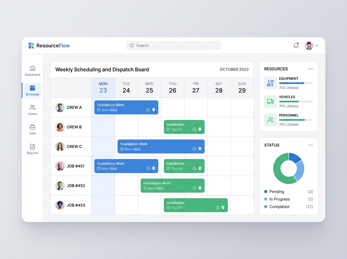 TrackOnUs resource planner showing a weekly scheduling and dispatch board with crews, jobs, resource utilisation and job status